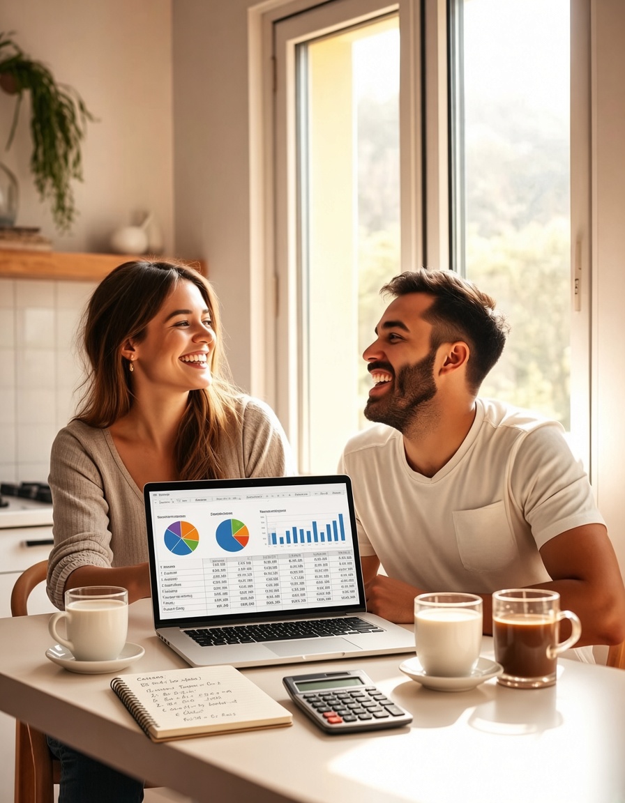 Casal jovem sorrindo, café da manhã