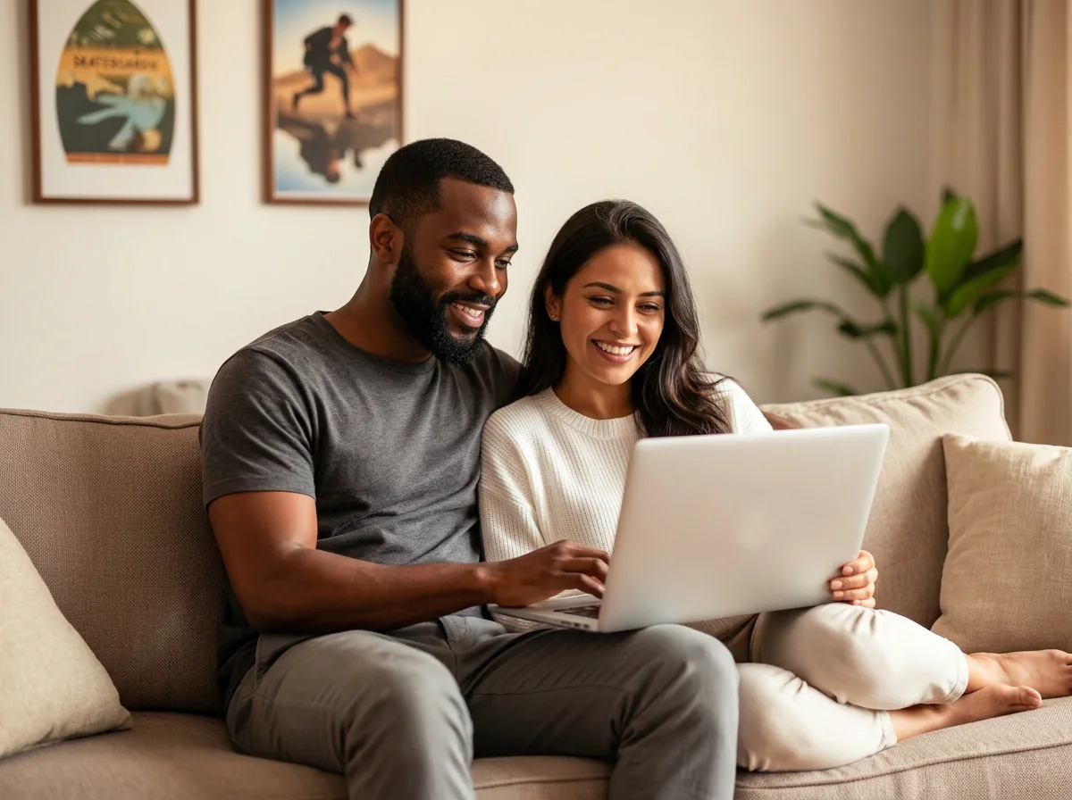Casal no sofá com notebook