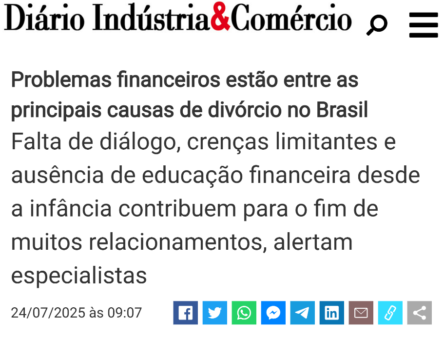 Matéria: Problemas financeiros estão entre as principais causas de divórcio no Brasil